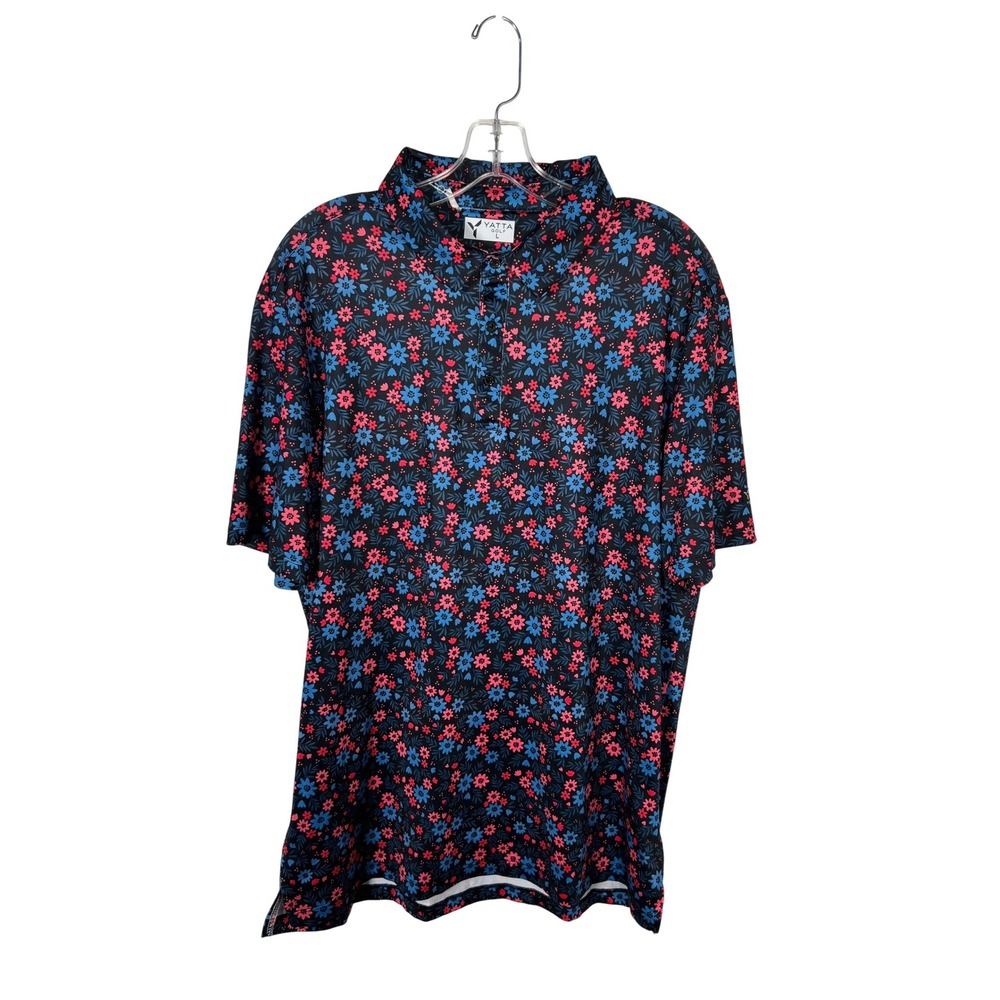 Yatta Golf Black Pink Floral Print Performance Polo Shirt Large Activewear Large